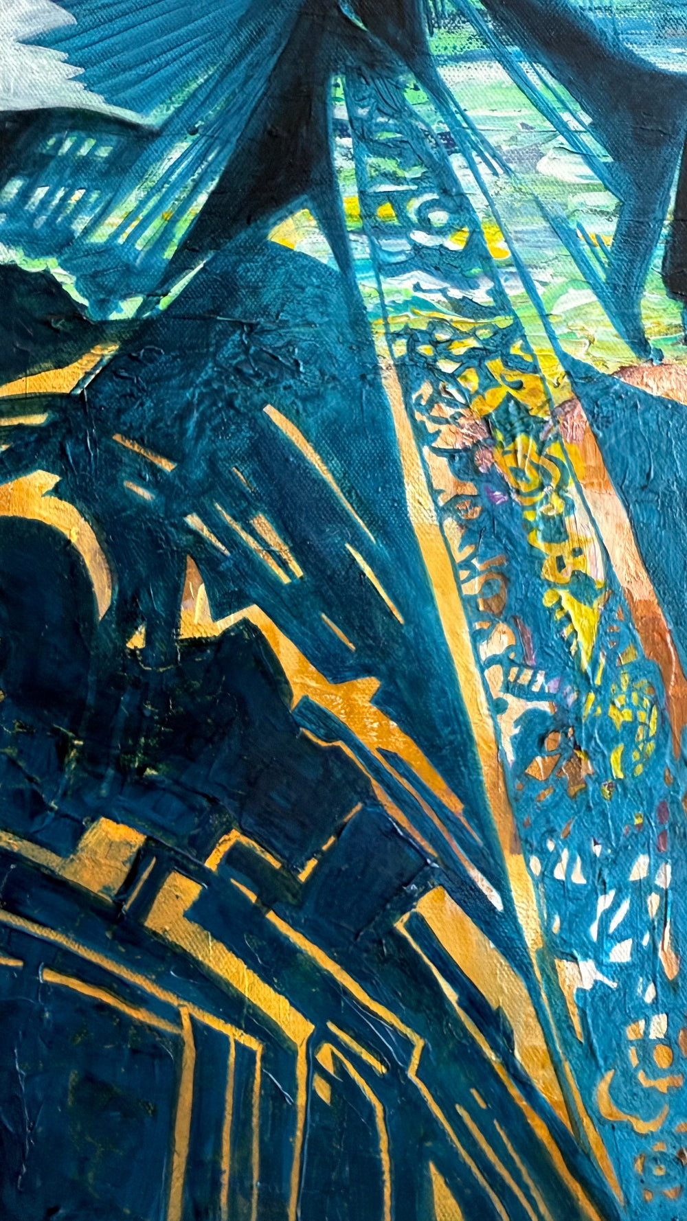 Abstract artwork with blue and gold colors