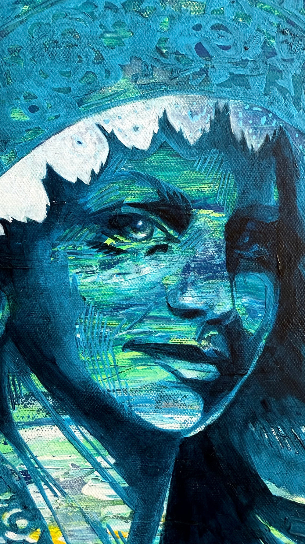Close-up of a stylized face with blue and green tones, resembling a character from a fantasy or sci-fi setting.