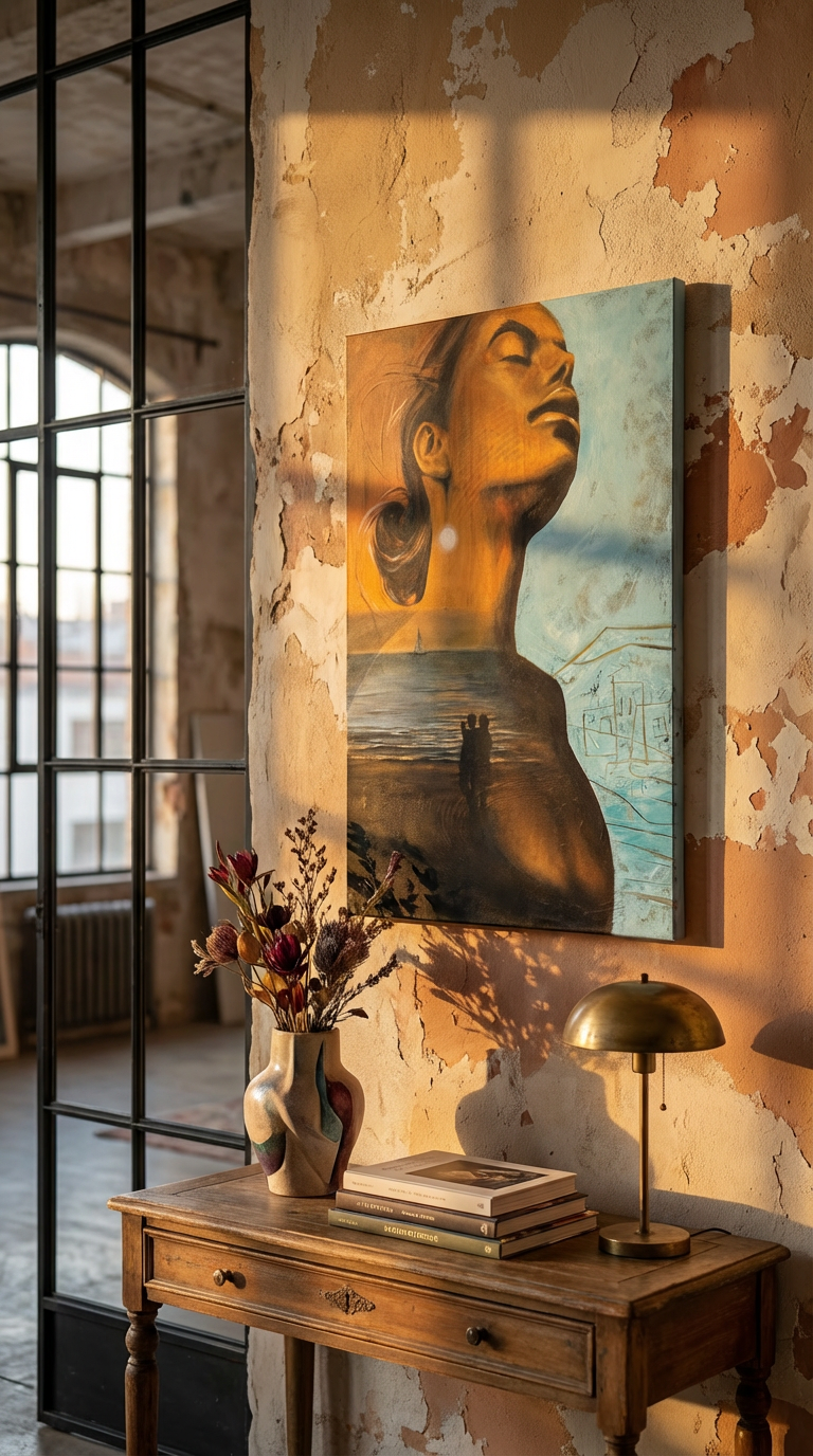 oilpainting on canvas of a woman's face on a textured wall with a wooden table and decorative items - Memory of Summer — original oil painting inspired by summer light and quiet memories by Zuzana Kochankova
