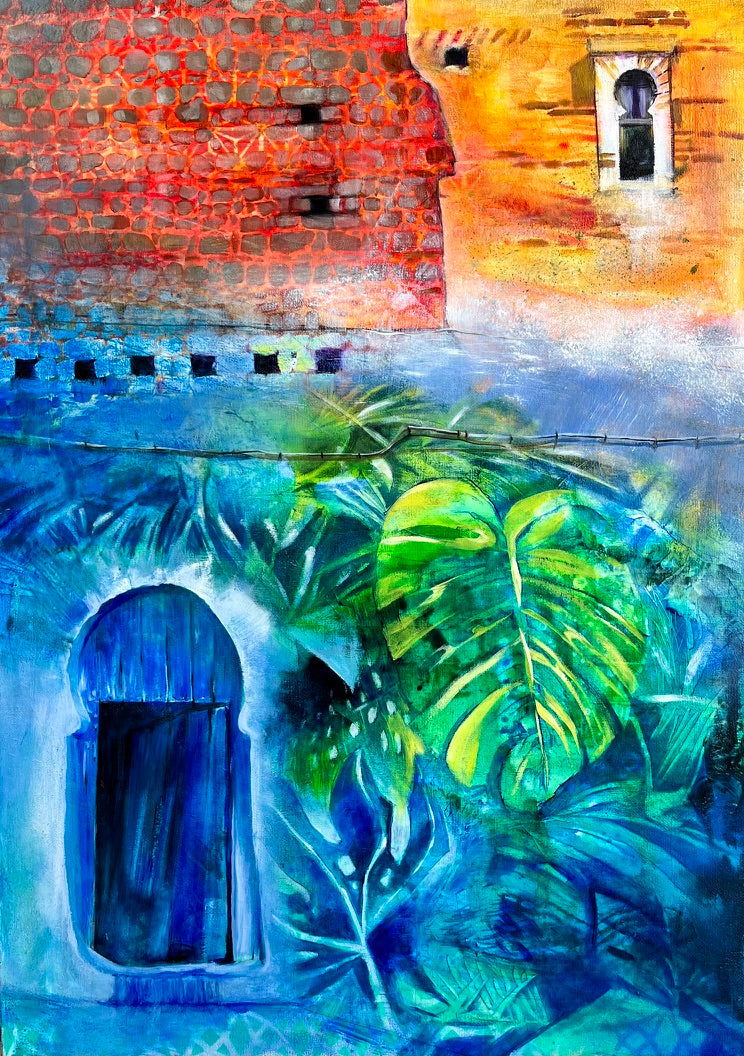 Moroccan Vibes — original oil painting inspired by Moroccan architecture and garden courtyards by Zuzana Kochankova