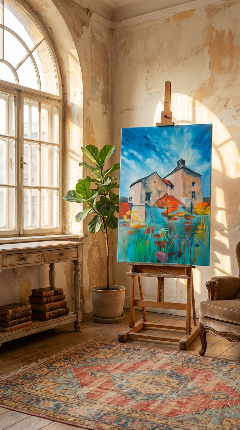 Colorful oil painting of a castle on an easel in a sunlit room with a plant and furniture.