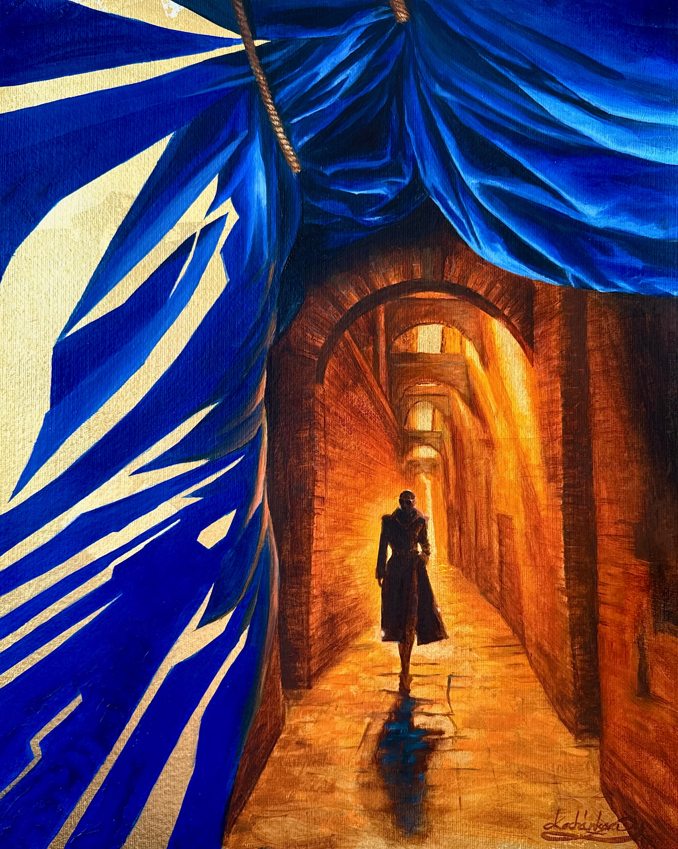 Original mixed media painting On the Way with gold leaf, deep blue curtain, warm architectural passage, and a solitary female figure walking through light.