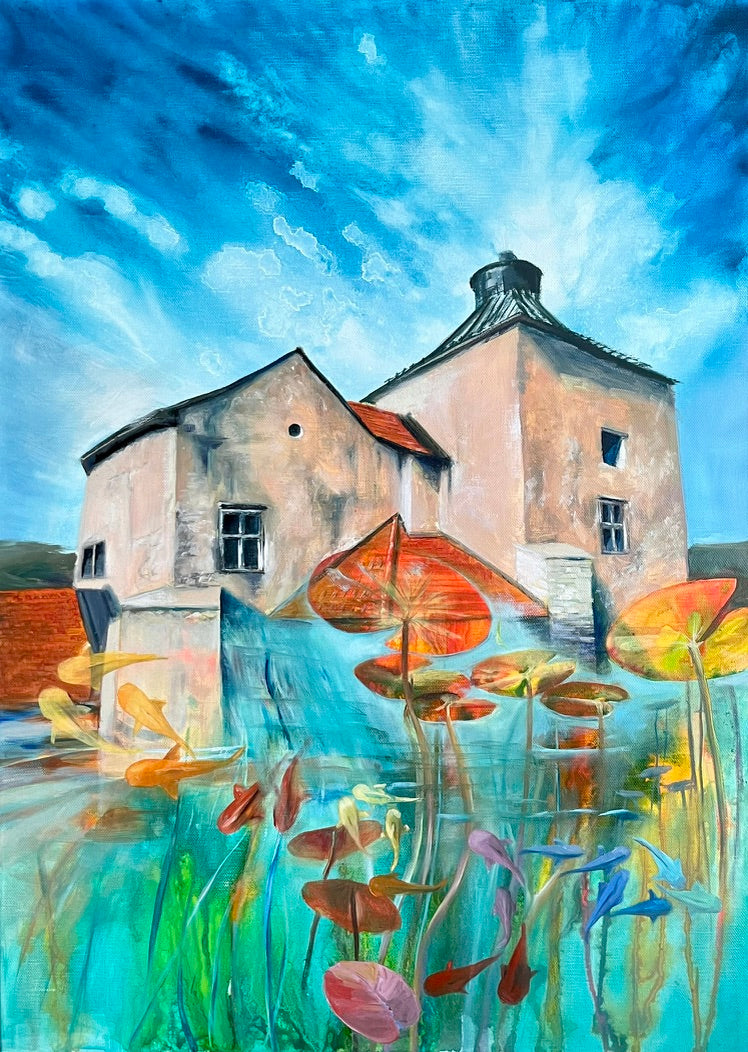 Painting of a castle building reflected in water with lily pads, fishes and a blue sky.