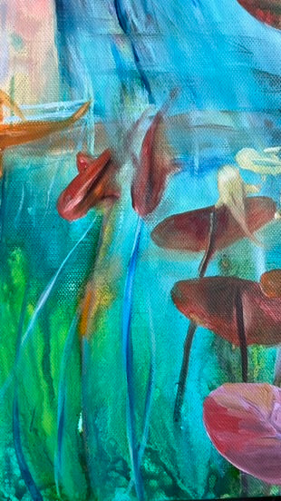 Artistic depiction of fish and aquatic plants with a blue and green background