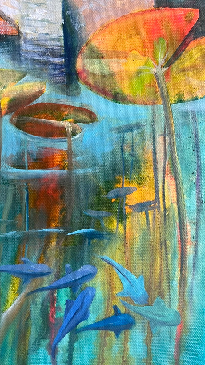 Detail - Colorful abstract painting with fish and lotus flowers