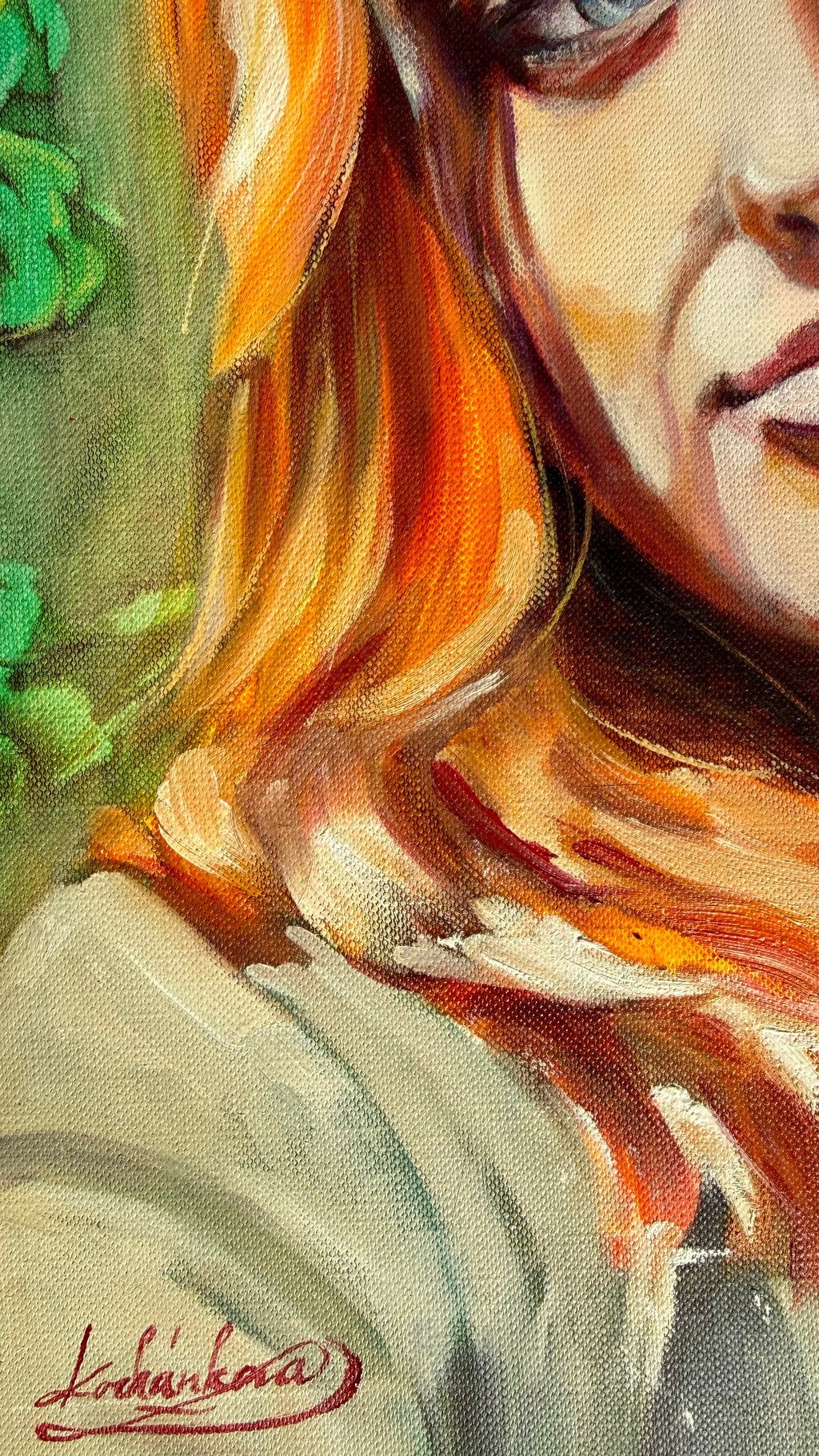 Close-up of painted hair with warm tones and dynamic brush strokes in Persephone artwork
