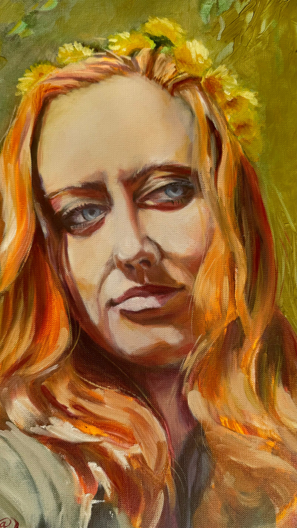 Detail of Persephone oil painting showing expressive face and brushwork