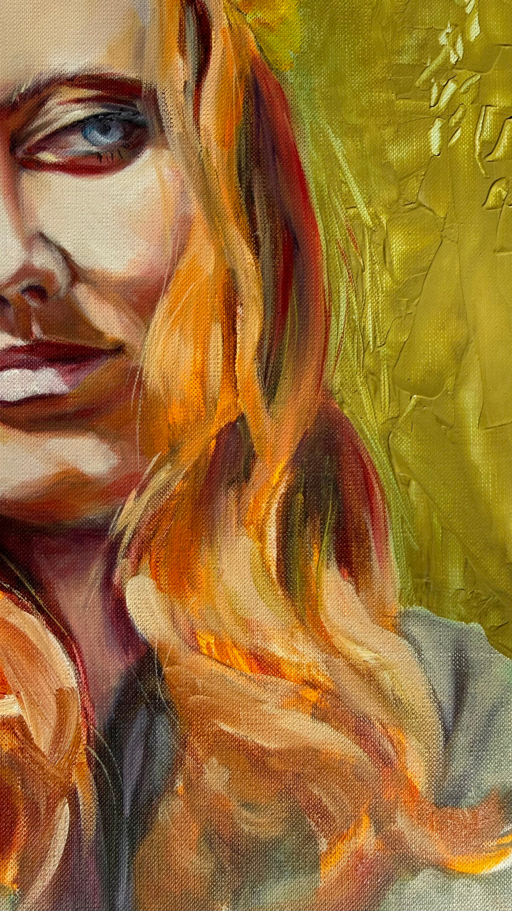 Close-up of eyes in Persephone painting capturing emotional depth and duality
