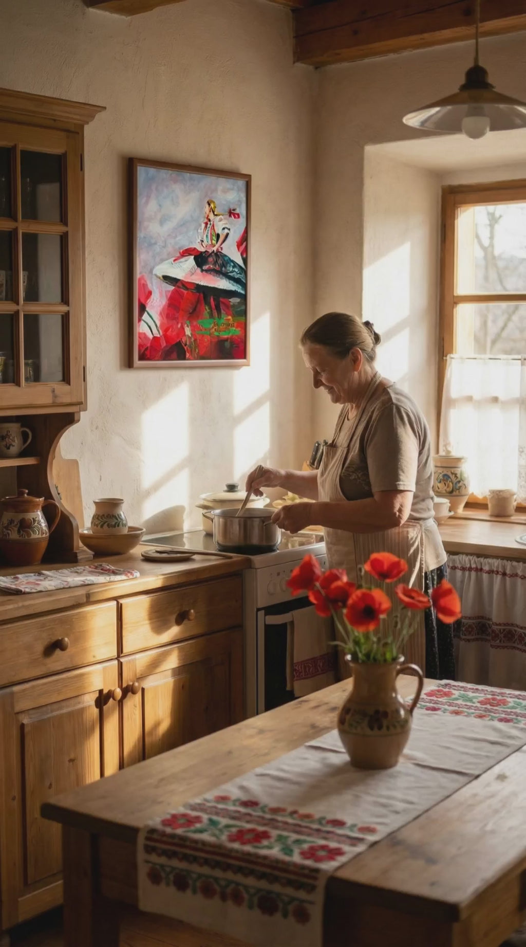 Blooming Season oil painting with wild poppies displayed in a warm kitchen interior while grandmother prepares food