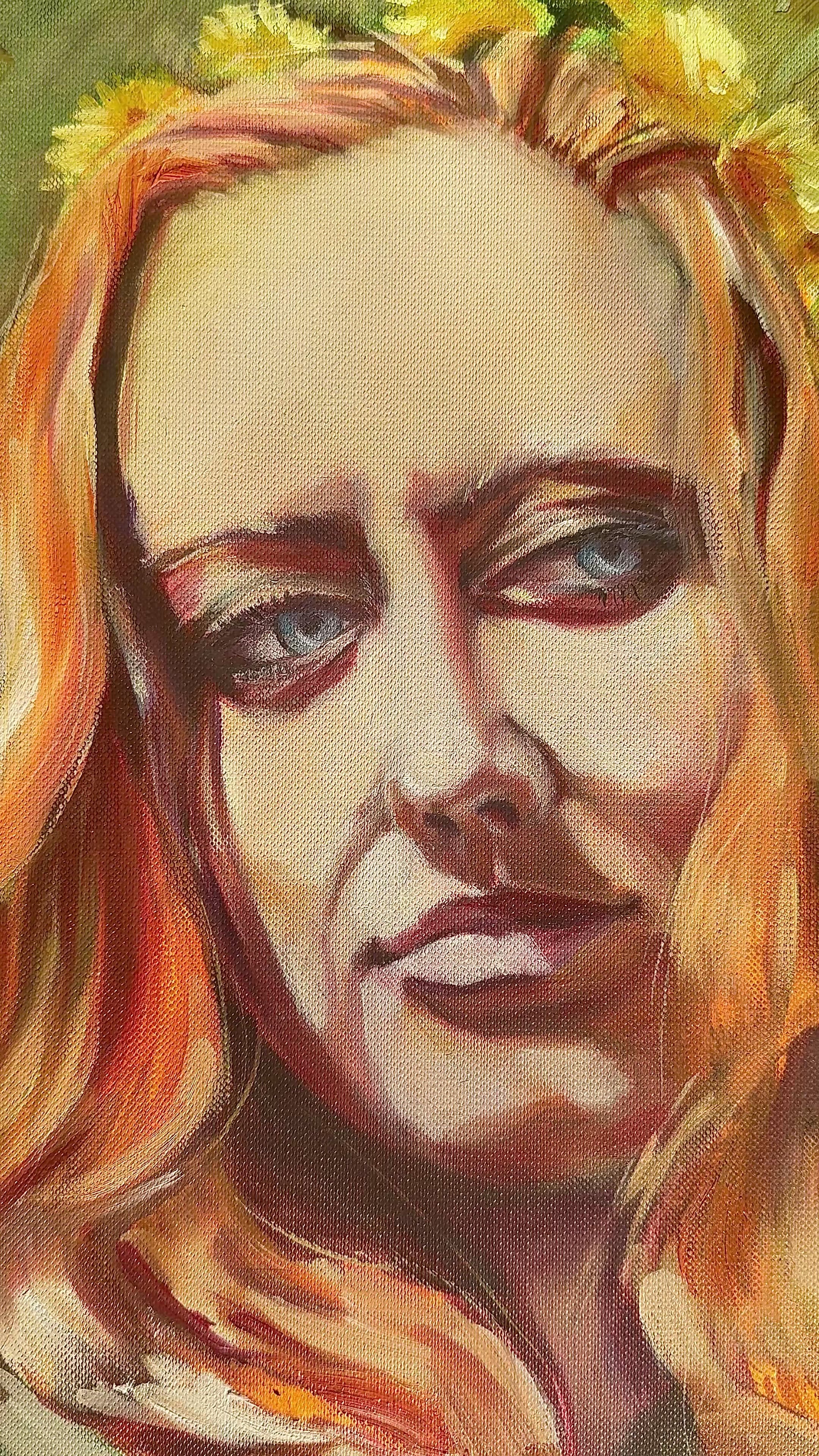 Persephone oil painting process or detail view showing texture and painterly surface