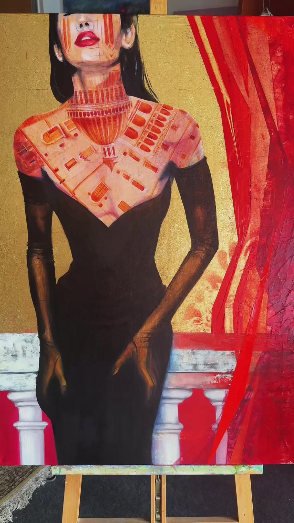 Video showing close-up movement across a figurative oil painting revealing texture, gold leaf surface and layered architectural details