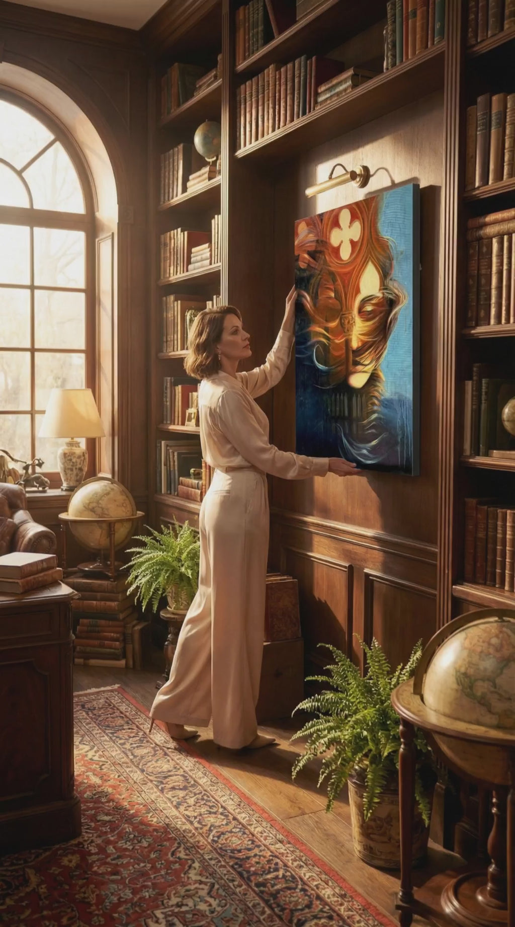 Where Do I Begin original oil painting being hung on the wall in a warm wooden library interior