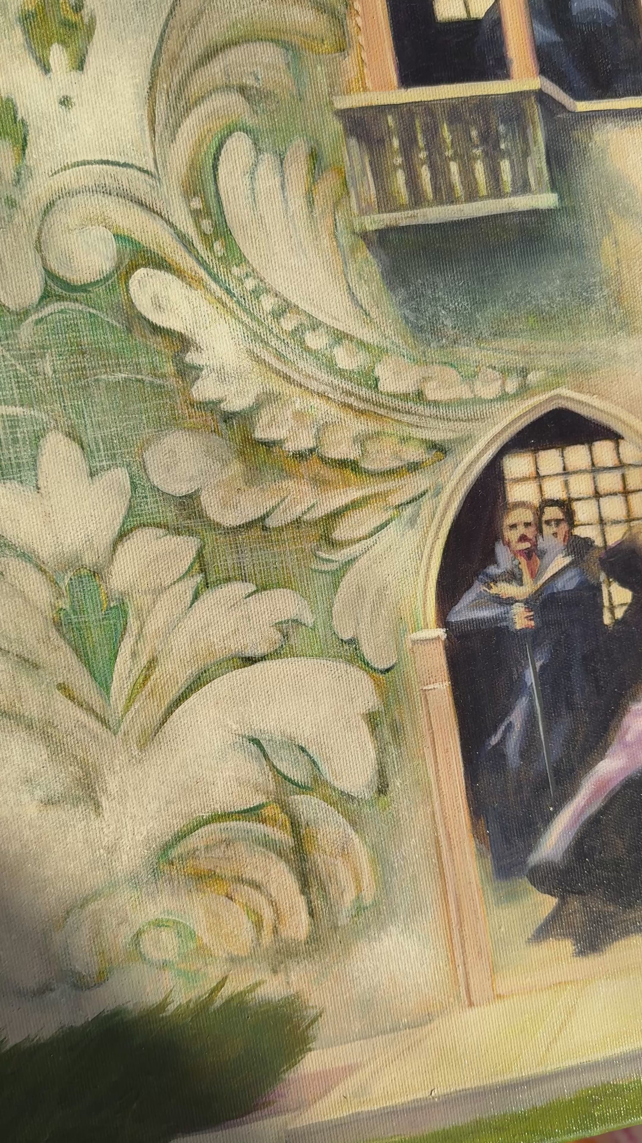 Video showing details of Dance of the Knights oil painting inspired by Verona and Romeo and Juliet