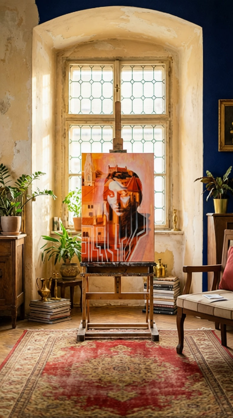 Art easel with a painting in a room with large windows and decorative elements - Queen of Bratislava — original oil painting inspired by the spirit and history of Bratislava by Zuzana Kochankova