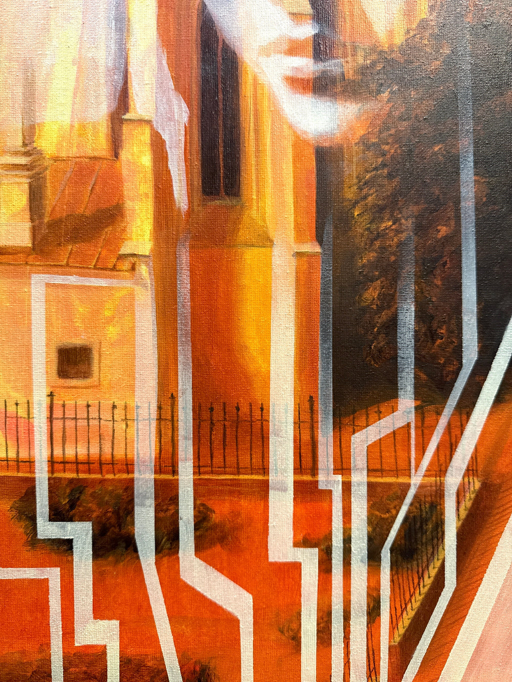 Artistic depiction of a building with abstract elements and geometric patterns.