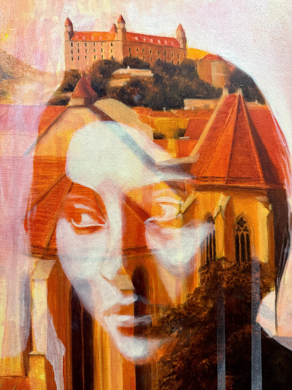 Artistic double exposure of a person and a castle with a church.
