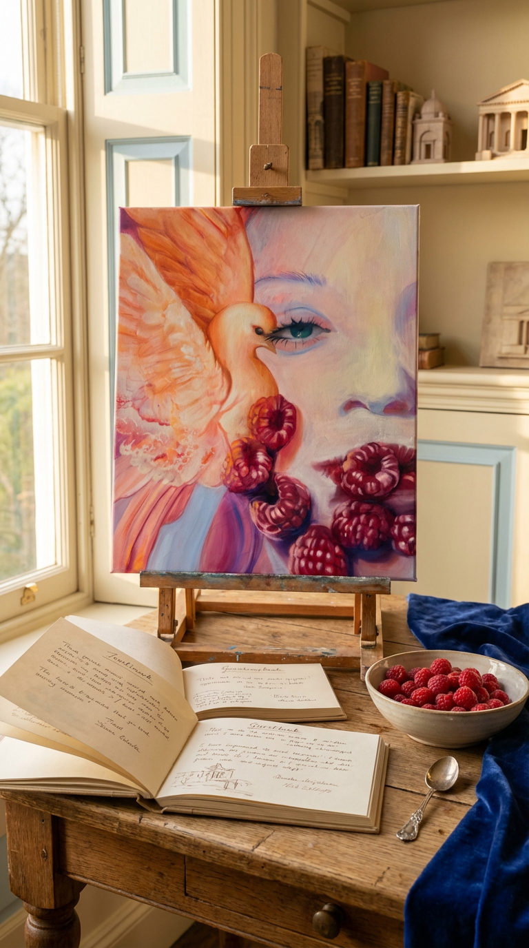 Artistic depiction of a face with fruit on an easel in a room with books and a window - Raspberry Peace — original oil painting inspired by childhood memories of wild raspberries by Zuzana Kochankova