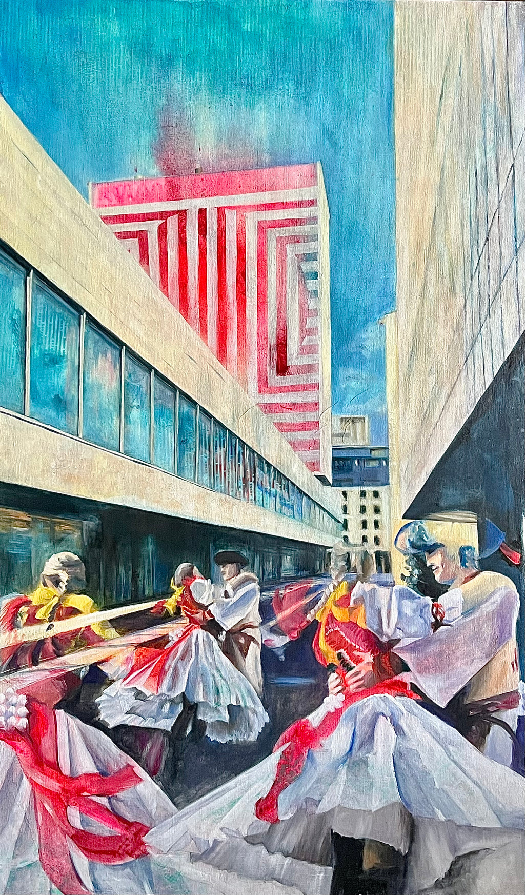 Tempest in Bratislava original oil painting with figures in Slovak folk costume between Hotel Kyjev and Prior by Zuzana Kochankova