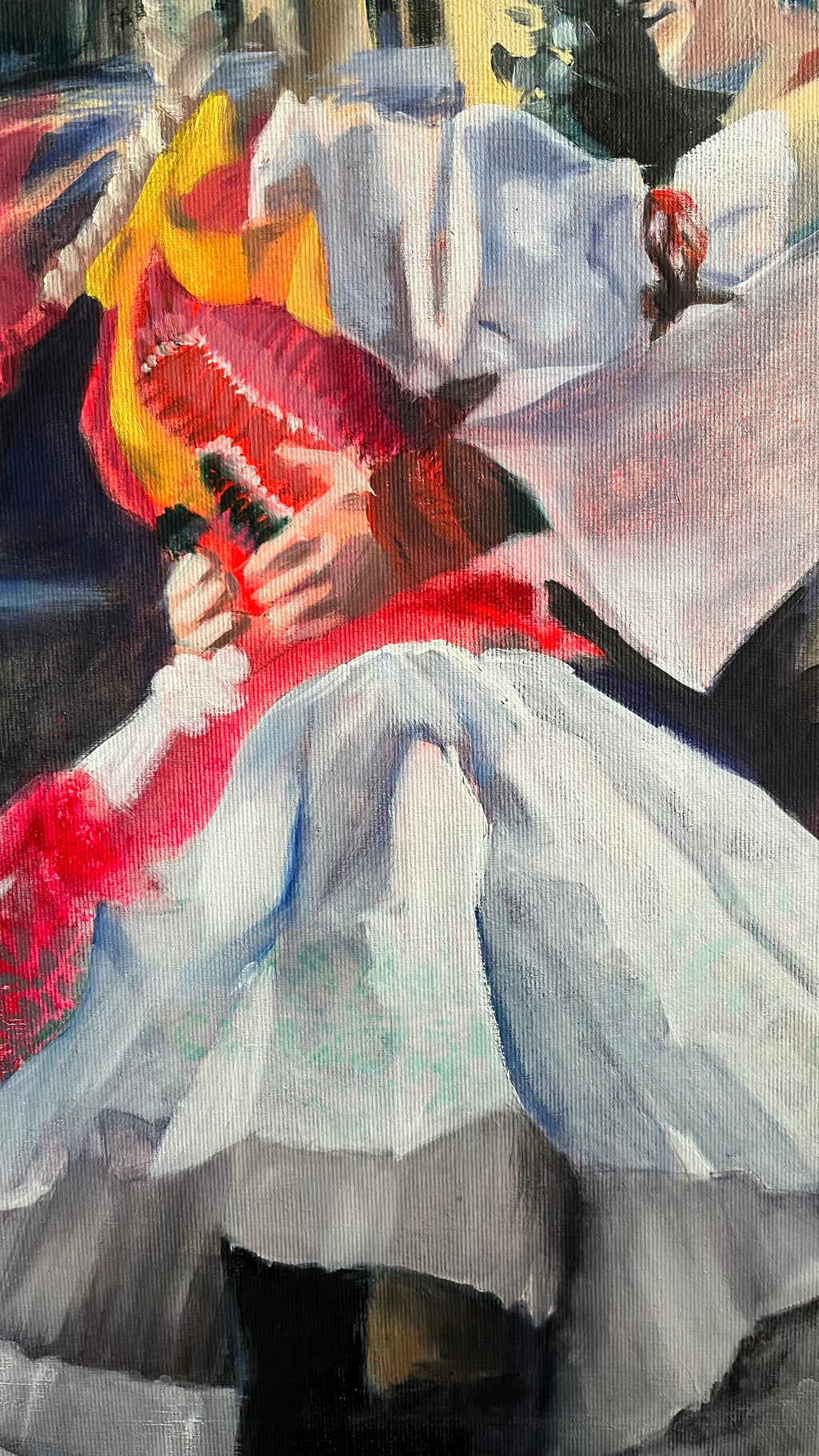 Detail of Tempest in Bratislava oil painting with Slovak folk costume figures by Zuzana Kochankova