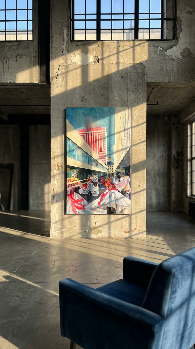 original oilpainting on canvas Tempest in bratislava in modern ndustrial interior setting