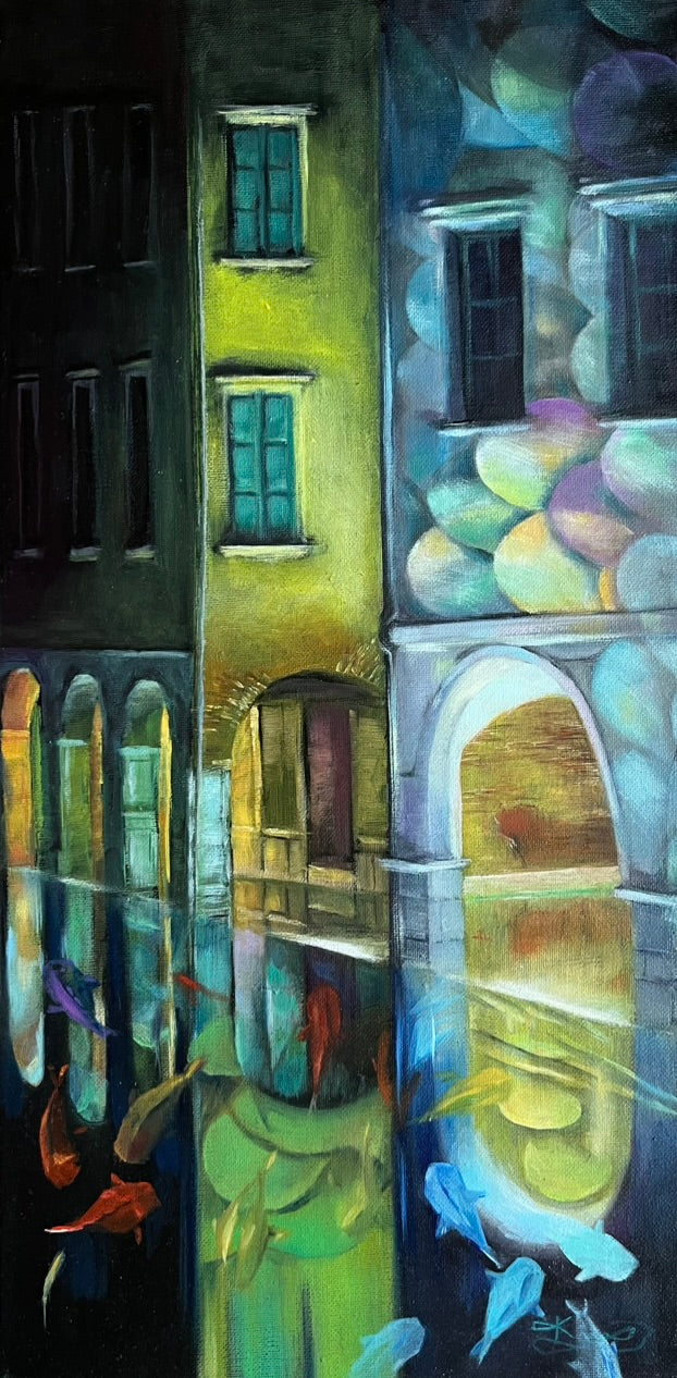 Colorful painting of a canal scene with buildings and fish.