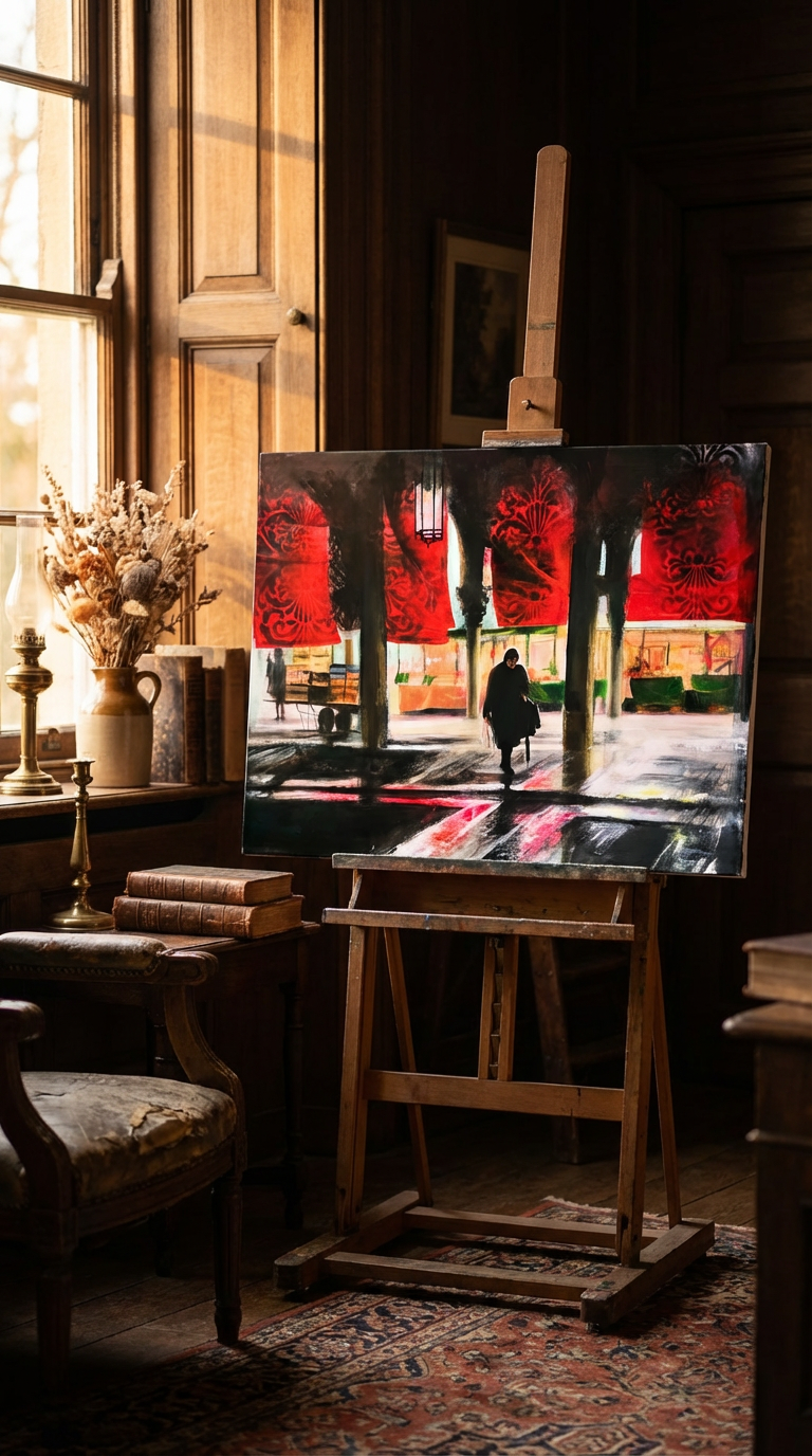 Art studio with an easel displaying a painting of a city street at night- Under the Veil of Venetian Fish Market — original oil painting of the Venetian fish market with red curtains by Zuzana Kochankova