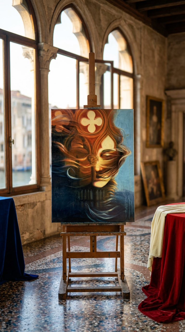 Painting on an easel in a Venetian room with large windows - Where Do I Begin — contemporary oil painting exploring feminine presence and space by Zuzana Kochankova